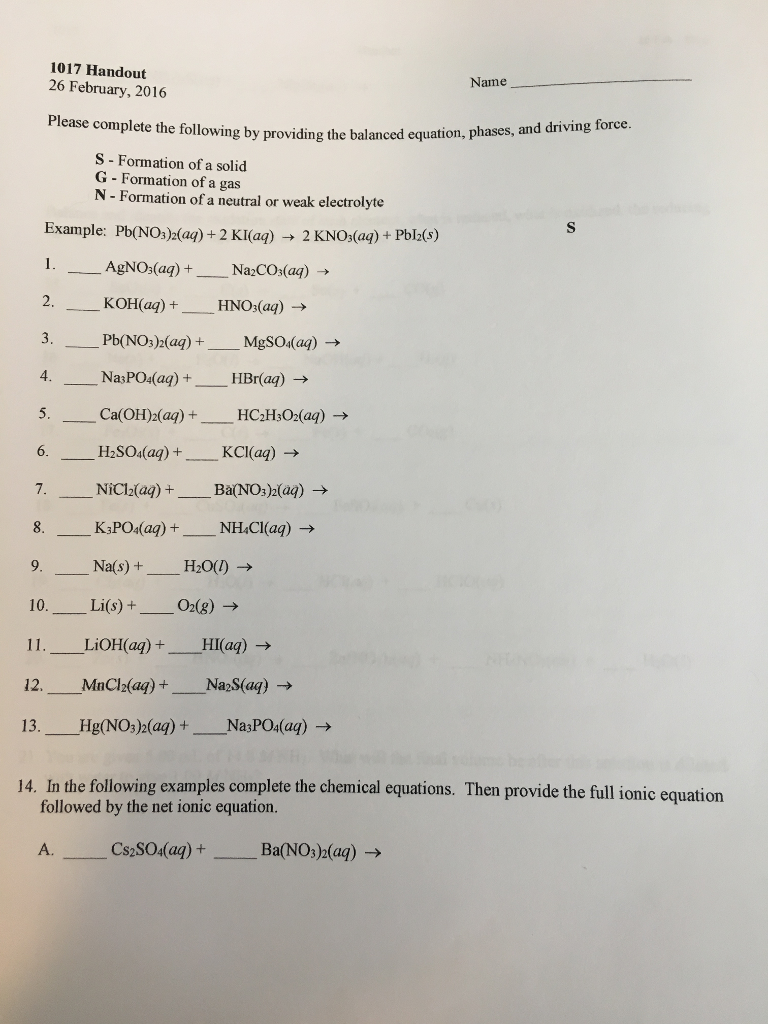 Solved Please complete the following by providing the  Chegg.com With Net Ionic Equations Worksheet