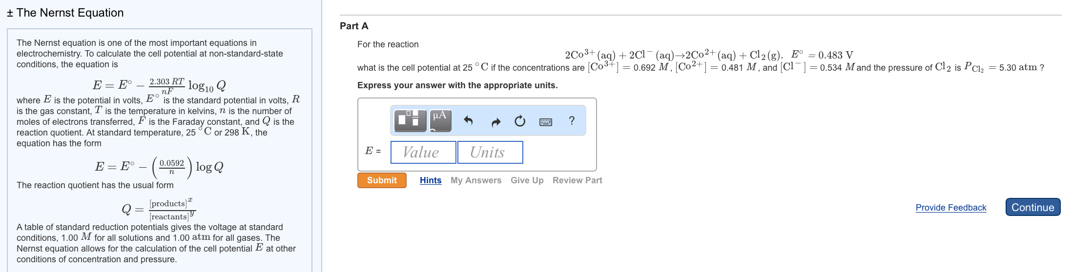 Solved The Nernst Equation The Nernst Equation Is One Of Chegg Com