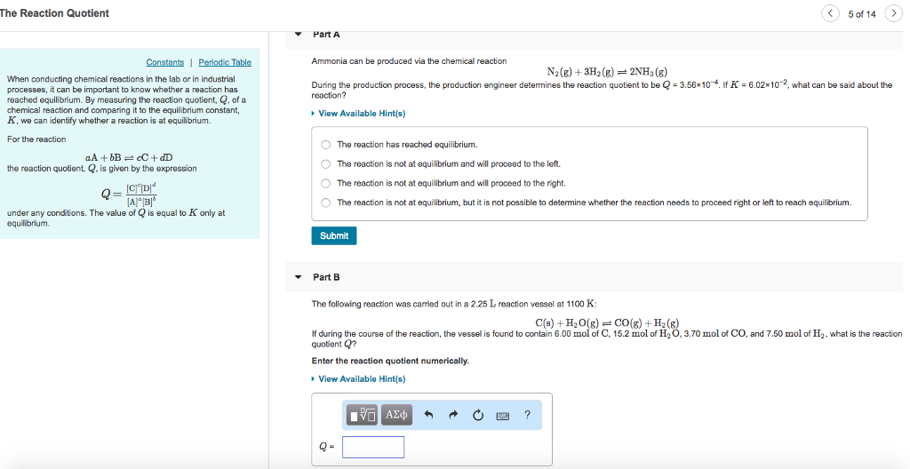 Solved The Reaction Quotient 50f 14 Part A Ammonia Can Chegg Com