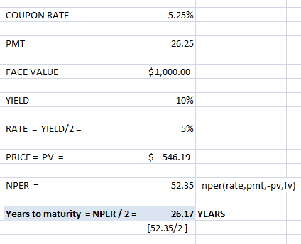 COUPON RATE 5.25% PMT 26.25 FACE VALUE $1,000.00 YIELD 8.14% RATE = YIELD/2= 5% $ 546.19 NPER = 52.35 nper(rate,pmt,-pv,fv) Yea