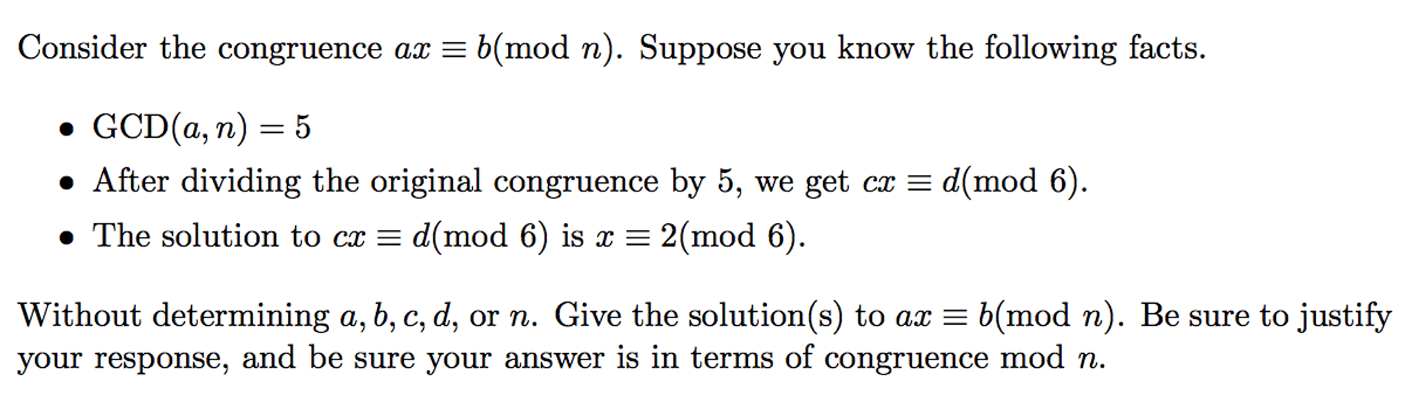 Solved Consider The Congruence Ax B Mod N Suppose You Chegg Com