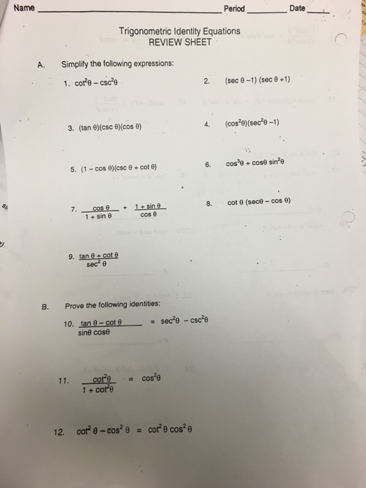 Solved Trigonometric Identity Equations Review Sheet Simp Chegg Com