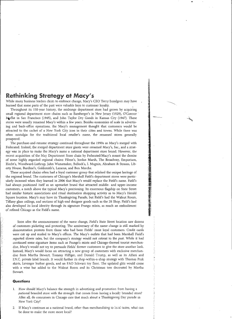 Solved: Read &quot;Rethinking Strategy At Macy&#39;s&quot; And Answer Th... | 0