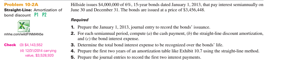 Problem 10-2A Hillside issues $4,000,000 of 6%, 15-year bonds dated January 1, 2013, that pay interest semiannually on Straight-Line: Amortization of June 30 and December 31. The bonds are issued at a price of $3,456,448. bond discount P1 P2 Required 1. Prepare the January 1, 2013, journal entry to record the bonds issuance. 2. For each semiannual period, compute (a) the cash payment, (b) the straight-line discount amortization, mhhe.com/wildFINMAN5e and (c) the bond interest expense. 3. Determine the total bond interest expense to be recognized over the bonds life. Check (3) $4,143,552 4) 12/31/2014 carrying4. Prepare the first two years of an amortization table like Exhibit 10.7 using the straight-line method value, $3,528,920 5. Prepare the journal entries to record the first two interest payments.