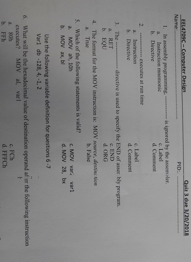 Solved Eel4709c Computer Design Quiz 3 Due 3 18 8 N Chegg Com