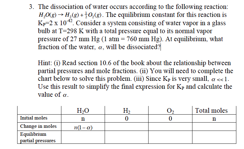 Solved 3 The Dissociation Of Water Occurs According To The Chegg Com