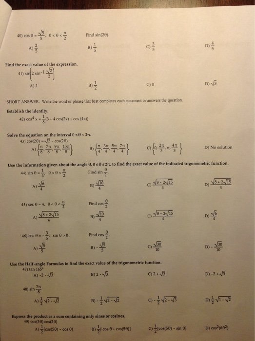 Solved Cos Theta Squareroot 5 5 0 Theta Pi 2 Find Chegg Com