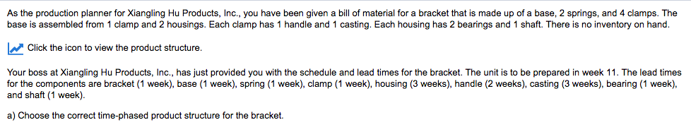 As the production planner for Xiangling Hu Products, Inc., you have been given a bill of material for a bracket that is made up of a base, 2 springs, and 4 clamps. The base is assembled from 1 clamp and 2 housings. Each clamp has 1 handle and 1 casting. Each housing has 2 bearings and 1 shaft. There is no inventory on hand. Click the icon to view the product structure. Your boss at Xiangling Hu Products, Inc., has just provided you with the schedule and lead times for the bracket. The unit is to be prepared in week 11. The lead times for the components are bracket (1 week), base (1 week), spring (1 week), clamp (1 week), housing (3 weeks), handle (2 weeks), casting (3 weeks), bearing (1 week), and shaft (1 week) a) Choose the correct time-phased product structure for the bracket.