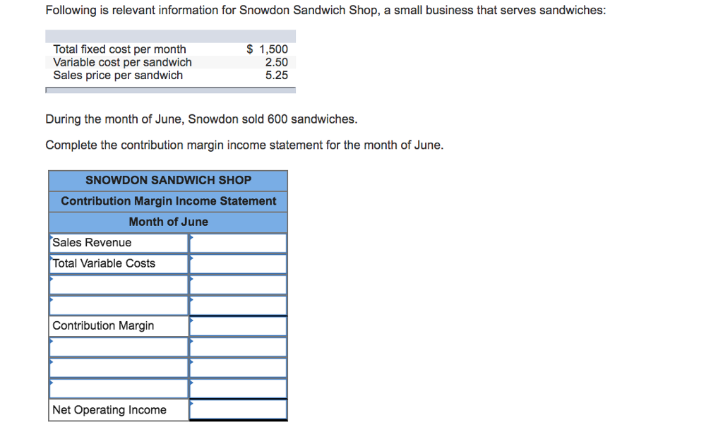 Following is relevant information for Snowdon Sandwich Shop, a small business that serves sandwiches: Total fixed cost per month Variable cost per sandwich Sales price per sandwich $ 1,500 2.50 5.25 During the month of June, Snowdon sold 600 sandwiches. Complete the contribution margin income statement for the month of June. SNOWDON SANDWICH SHOP Contribution Margin Income Statement Month of June Sales Revenue Total Variable Costs Contribution Margin Net Operating Income