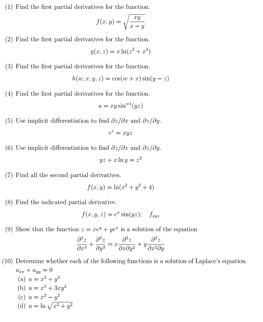 Solved 1 Find The First Partial Derivatives For The Chegg Com