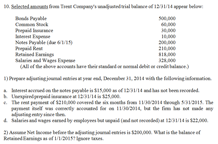 10. Selected amounts from Trent Companys unadjustedtrial balance of 12/31/14 appear below: Bonds Payable Common Stock Prepaid Insurance Interest Expense Notes Payable (due 6/1/15) Prepaid Rent Retained Earnings Salaries and Wages Expense 500,000 60,000 30,000 10,000 200,000 210,000 818,000 328,000 (All of the above accounts have their standard or normal debit or credit balance.) 1) Prepare adjustingjournal entries at year end, December 31, 2014 with the following information. Interest accrued on the notes payable is $15,000 as of 12/31/14 and has not been recorded. Unexpired prepaid insurance at 12/31/14 is S25,000 The rent payment of $210,000 covered the six months from 11/30/2014 through 5/31/2015. The payment itself was correctly accounted for on 11/30/2014, but the firm has not made any adjusting entry since then. Salaries and wages earned by employees but unpaid (and not recorded) at 12/31/14 is S22,000 a. b. c. d. 2) Assume Net Income before the adjusting journal entries is $200,000. What is the balance of RetainedEarnings as of 1/1/2015? Ignore taxes