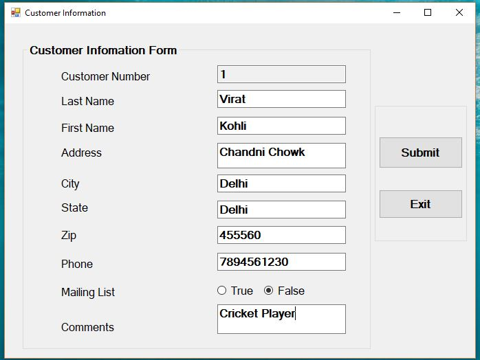 Customer Information Customer Infomation Form Customer Number Last Name First Name Address Virat Kohli Chandni Chowk Submit C