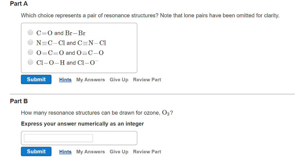 Solved Which Choice Represents A Pair Of Resonance Struct Chegg Com