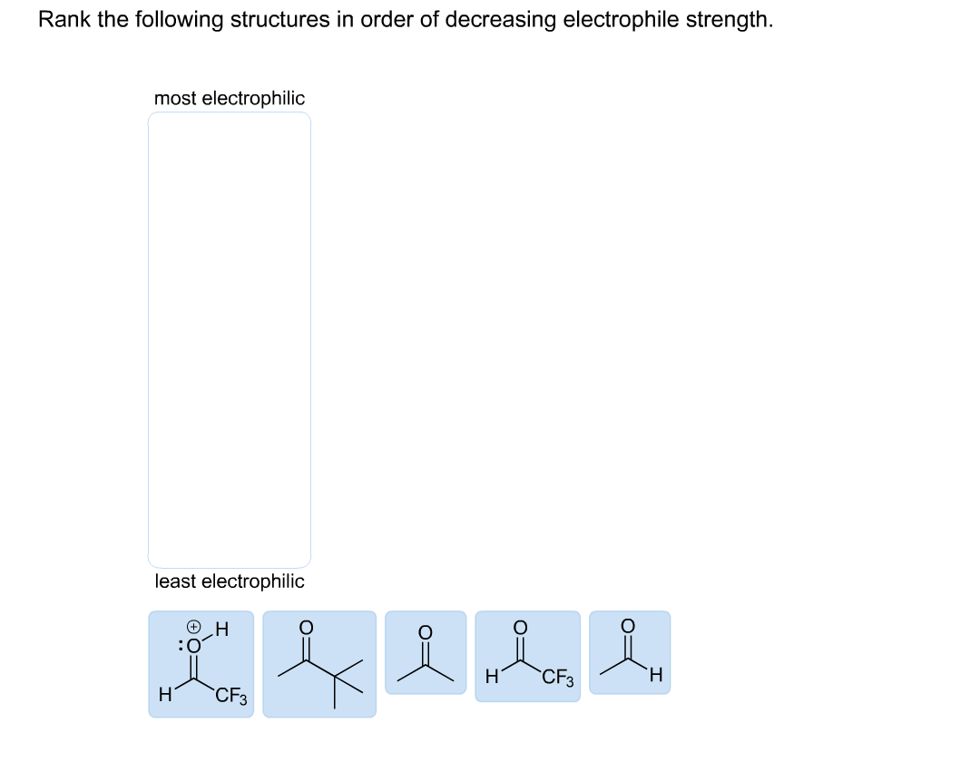 Rank the following structures in order of decreasing electrophile strength. most electrophilic least electrophilic 田H ,