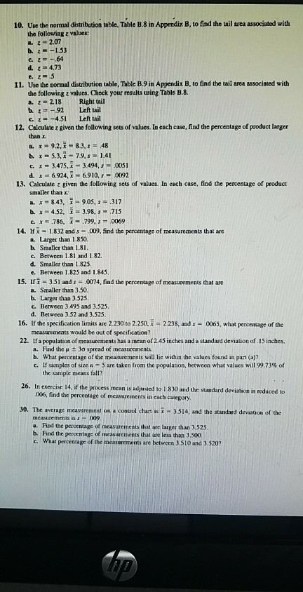 Solved 10 Use The Normal Distribution Table Table B 8 I Chegg Com