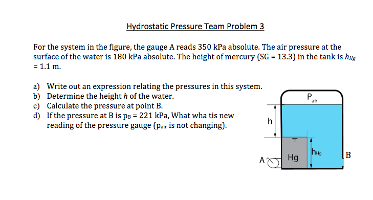 Hydrostatic Pressure Team Problem 3 For the system in the figure, the gauge A reads 350 kPa absolute. The air pressure at the surface of the water is 180 kPa absolute. The height of mercury (SG = 1.1 m. 13.3) in the tank is hug a) Write out an expression relating the pressures in this systenm b) Determine the height h of the water. c) Calculate the pressure at point B. d) If the pressure at B is ps-221 kPa, What wha tis new P. air reading of the pressure gauge (pair is not changing). Hg