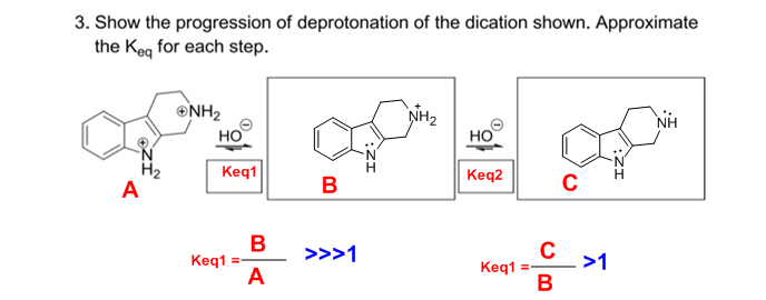 Question & Answer: Show the progression of deprotonation of the dication shown. Approximate the K_eq for each step..... 1
