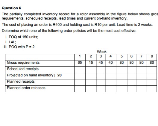 Question 6 The partially completed inventory record for a rotor assembly in the figure below shows gros requirements, scheduled receipts, lead times and current on-hand inventory. The cost of placing an order is R400 and holding cost is R10 per unit. Lead time is 2 weeks. Determine which one of the following order policies will be the most cost effective: i. FOQ of 150 units; ii. L4L; iii. Pod with P=2. Week 2 345 6 78 65 15 45 40 80 80 80 80 Gross requirement:s Scheduled receipts Projected on hand inventory | 20 Planned receipts Planned order releases