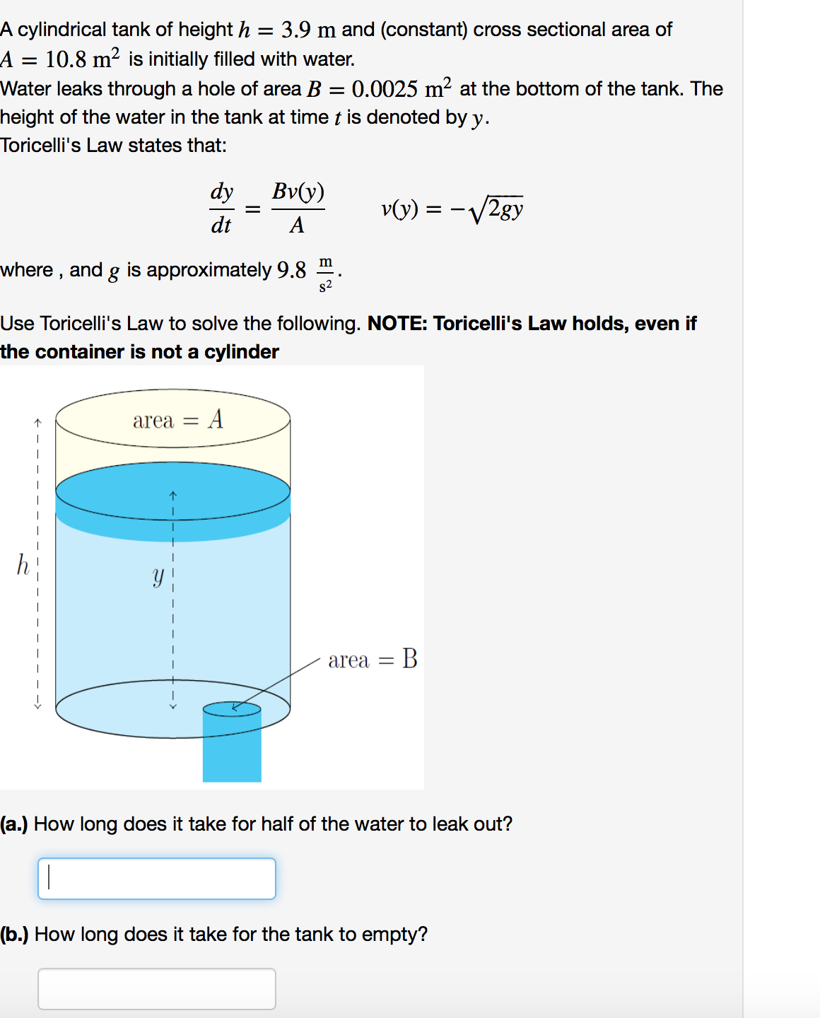 Solved A Cylindrical Tank Of Height H 3 9 M And Consta Chegg Com