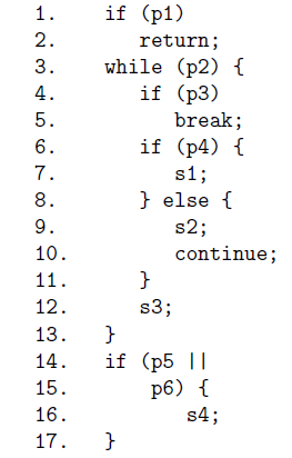 if (p1) return; if (p3) if (p4) 1f else 3. while (p2) break; 10 continue 2 12 13. 14. if (p5 Il 15 16 17.J 3 p6) f