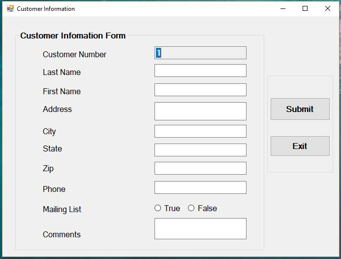 Customer Information Customer Infomation Form Customer Number Last Name First Name Address Submit City State Zip Phone Exit M