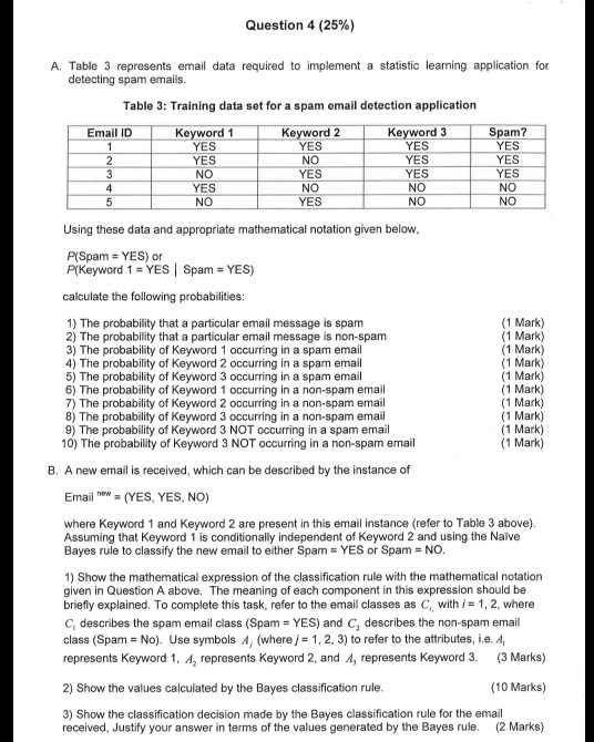 Question 4 (25%) A. Table 3 represents email data required to implement a statistic learning application for Table 3: Training data set for a spam email detection application detecting spam emails. Email ID Keyword1 YES YES NO YES NO Keyword 2 YES NO YES NO YES YES YES YES NO NO YES YES YES NO NO Using these data and appropriate mathematical notation given below P(Spam YES) or P(Keyword 1 YES I Spam-YES) calculate the following probabilities: 1) The probability that a particular email message is spam 2) The probability that a particular email message is non-spam 3) The probability of Keyword 1 occurring in a spam email 4) The probability of Keyword 2 occurring in a spam email 5) The probability of Keyword 3 occurring in a spam email 6) The probability of Keyword 1 occurring in a non-spam email 7) The probability of Keyword 2 occurring in a non-spam email 8) The probability of Keyword 3 occurring in a non-spam email 9) The probability of Keyword 3 NOT occurring in a spam email 10) The probability of Keyword 3 NOT occurring in a non-spam email (1 Mark) (1 Mark) (1 Mark) (1 Mark) (1 Mark) (1 Mark) 1 Mark) (1 Mark) 1 Mark) 1 Mark) B. A new email is received, which can be described by the instance of Email e(YES, YES, NO) where Keyword 1 and Keyword 2 are present in this email instance (refer to Table 3 above). Assuming that Keyword 1 is conditionally independent of Keyword 2 and using the Naive Bayes rule to classify the new email to either Spam YES or Spam NO 1) Show the mathematical expression of the classification rule with the mathematical notation given in Question A above. The meaning of each component in this expression should be briefly explained. To complete this task, refer to the email classes as C, with i 1, 2, where C, describes the spam email class (Spam = YES) and C, describes the non-spam email class (Spam-No). Use symbols Ai (where j#1 , 2, 3) to refer to the attributes, i.e. 4, represents Keyword 1, A, represents Keyword 2, and A, represents Keyword 3. (3 Marks) 2) Show the values calculated by the Bayes classification rule (10 Marks) 3) Show the classification decision made by the Bayes classification rule for the email received, Justify your answer in terms of the values generated by the Bayes rule. (2 Marks)