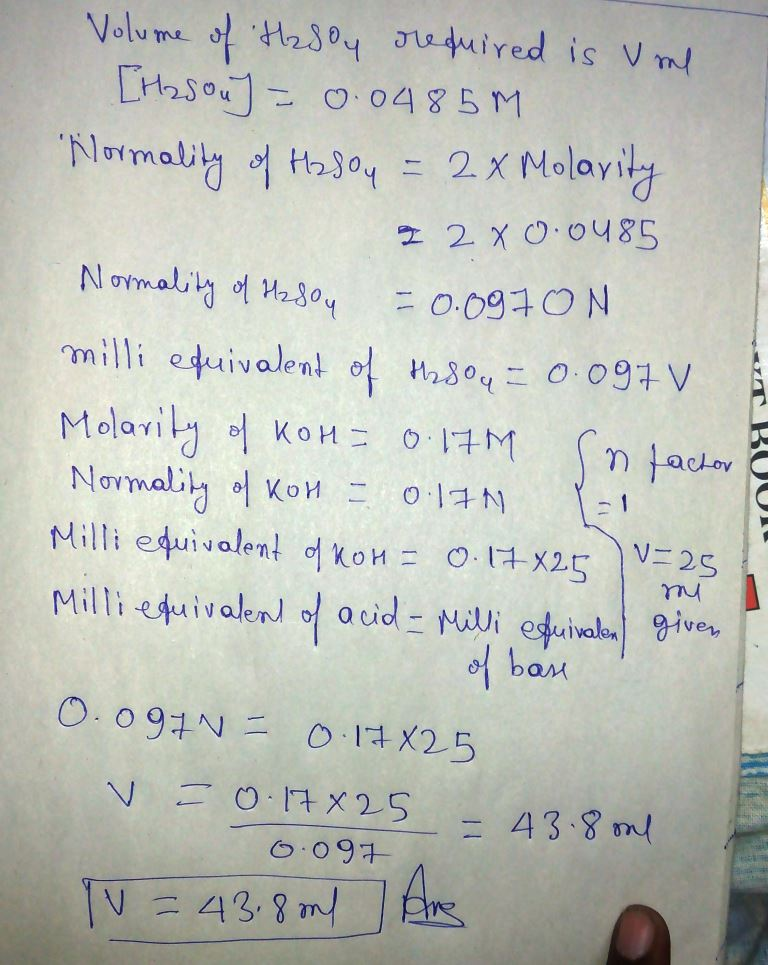 Question & Answer: How many mL of a 0.0485M H2SO4 solution is required to exactly neutralize 25.0 mL of a..... 1