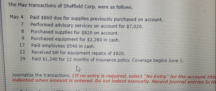 Solved The May transactions of Sheffield Corp. were as | Chegg.com