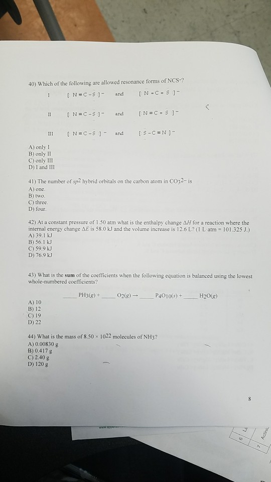 Solved 40 Which Of The Following Are Allowed Resonance F Chegg Com