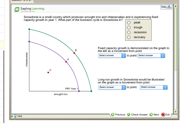Map Sapling Learning Snowdonia is a small c which produces wrought iron and cheesecakes e fixed capacity growth in year 1. Wnat part of tne busintessbycle is Snowdonia in? and s e O peak trough recession recovery Fixed capacity growth is demonstrated on the graph to the left as a movement from point Select answer to point Select answer n growth in Snowdonia would be illustrated on the graph as a movement from point Select answer to point Select answer PPF Year 1 wrought iron Previous Check Answer Next Exit Hint