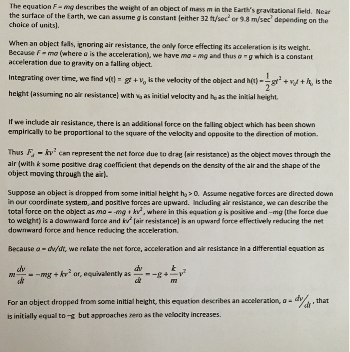 Solved The Equation F Mg Describes The Weight Of An Obj Chegg Com