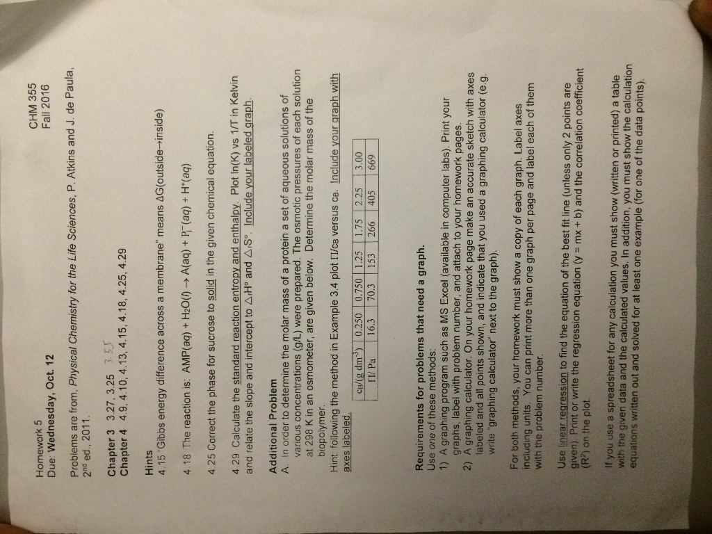 Problems are from, Physical Chemistry for the Life