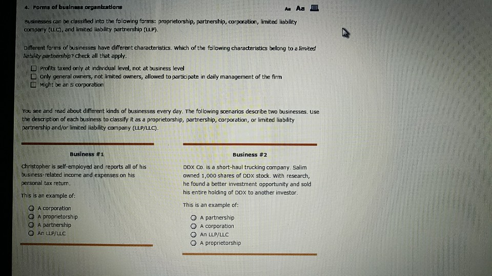 Solved 4. Forma Af Business Organtzatians AaAa旦 Business