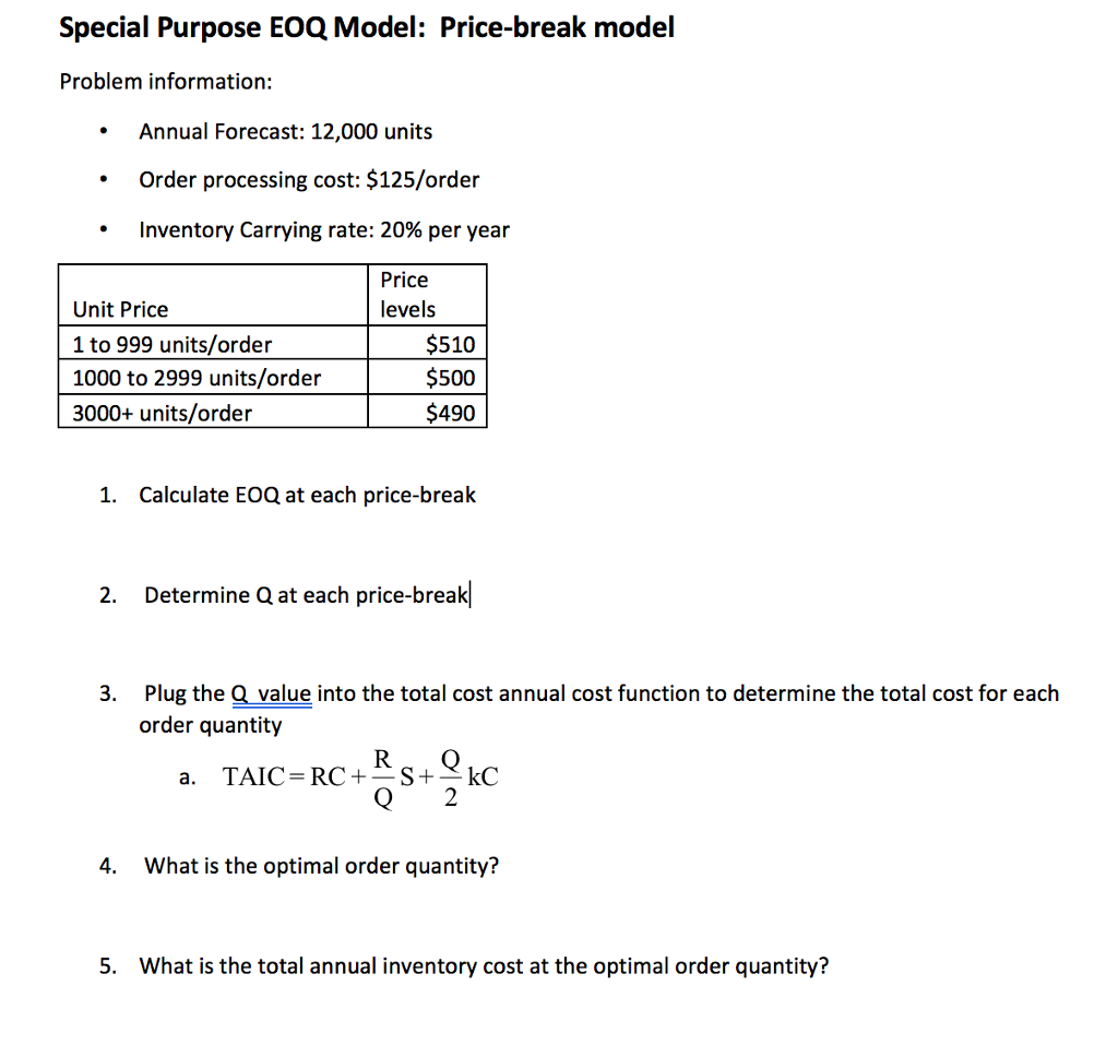 Solved Special Purpose Eoq Model Price Break Model Probl Chegg Com
