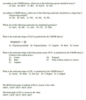 Solved According To The Vsepr Theory Which One Of The Fo