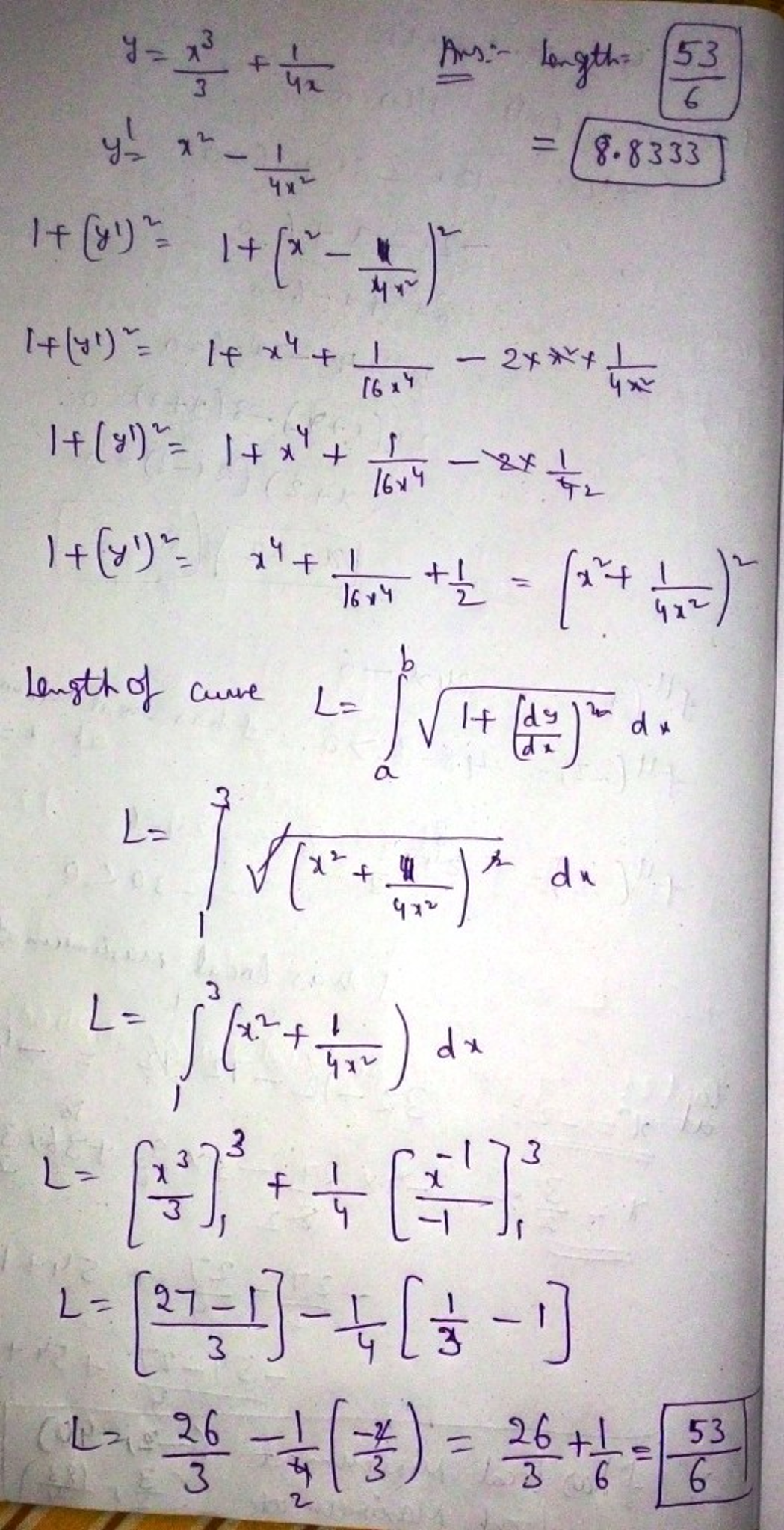 Find The Exact Length Of The Curve Y X 3 3 1 4x 1 X 3 Wegglab