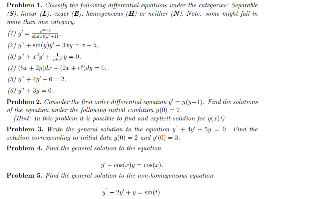 Solved 1 Classify The Following Differential Equations U Chegg Com