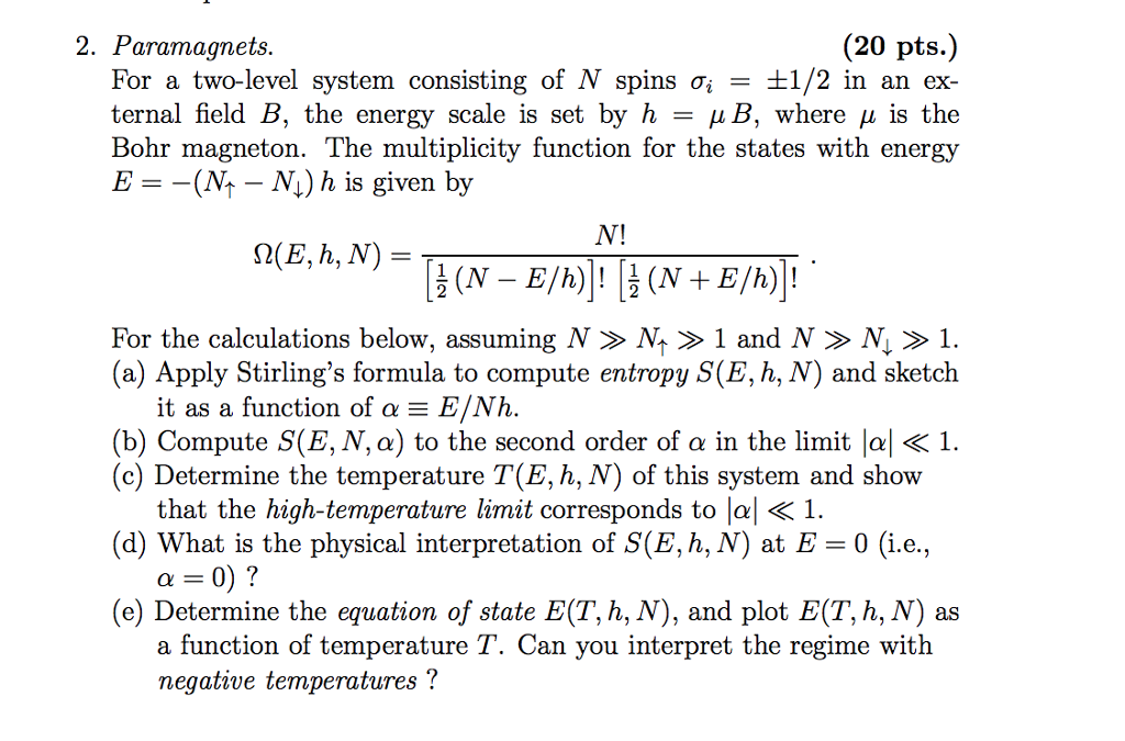 Solved 2 Paramaqnets Pts For A Two Level System C Chegg Com