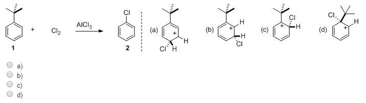 Treatment of t-butylbenzene (1) with Cl2/AlCl3 furnishes chlorobenzene (2)