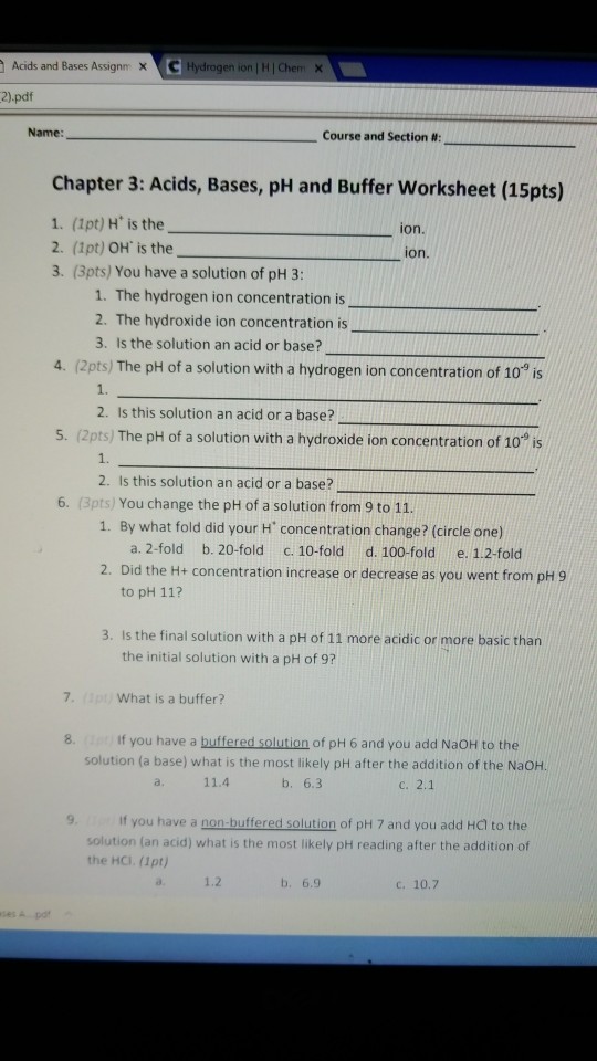 Solved Acids And Bases Assignm Chydrogi Ion L H Chem Chegg Com