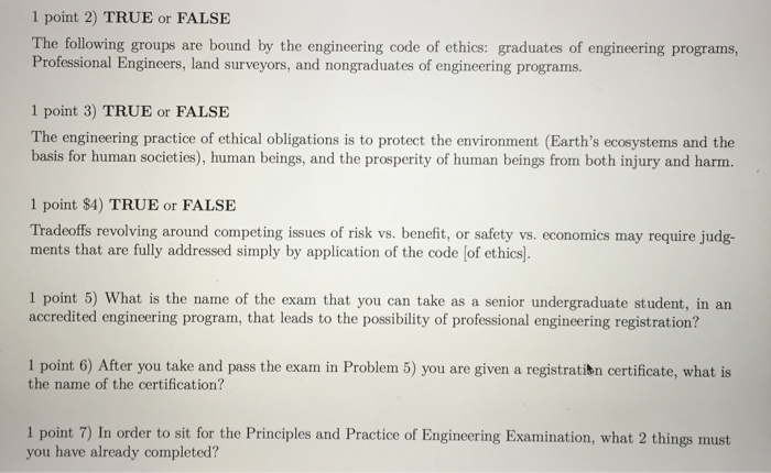 Solved 1 Point 2 True Or False The Following Groups Are - 1 point 2 true or false the following groups are bound by the engineering code