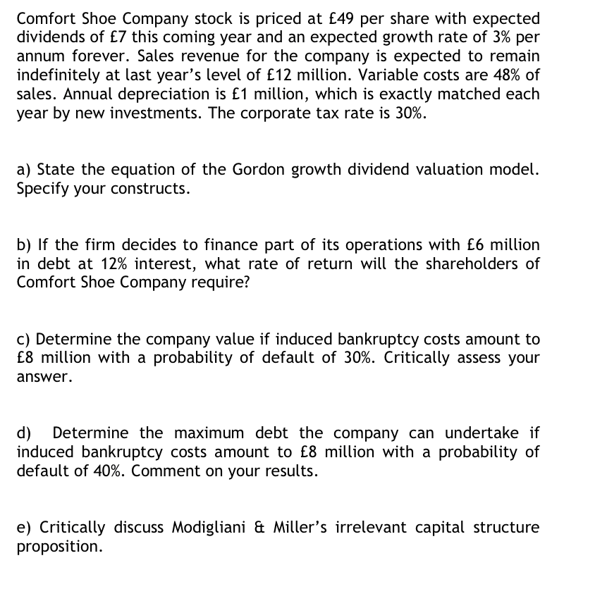 Solved Comfort Shoe Company Stock Is Priced At 49 Per Sh