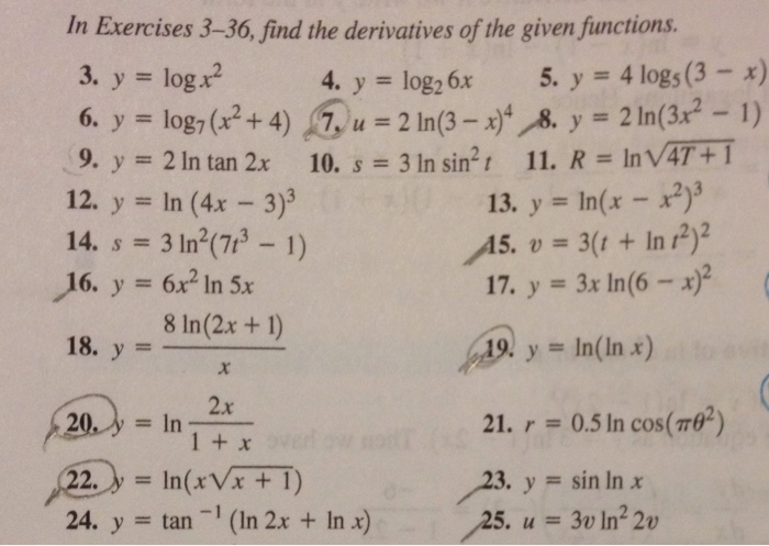 Find The Derivatives Of The Given Functions Y Log Chegg Com