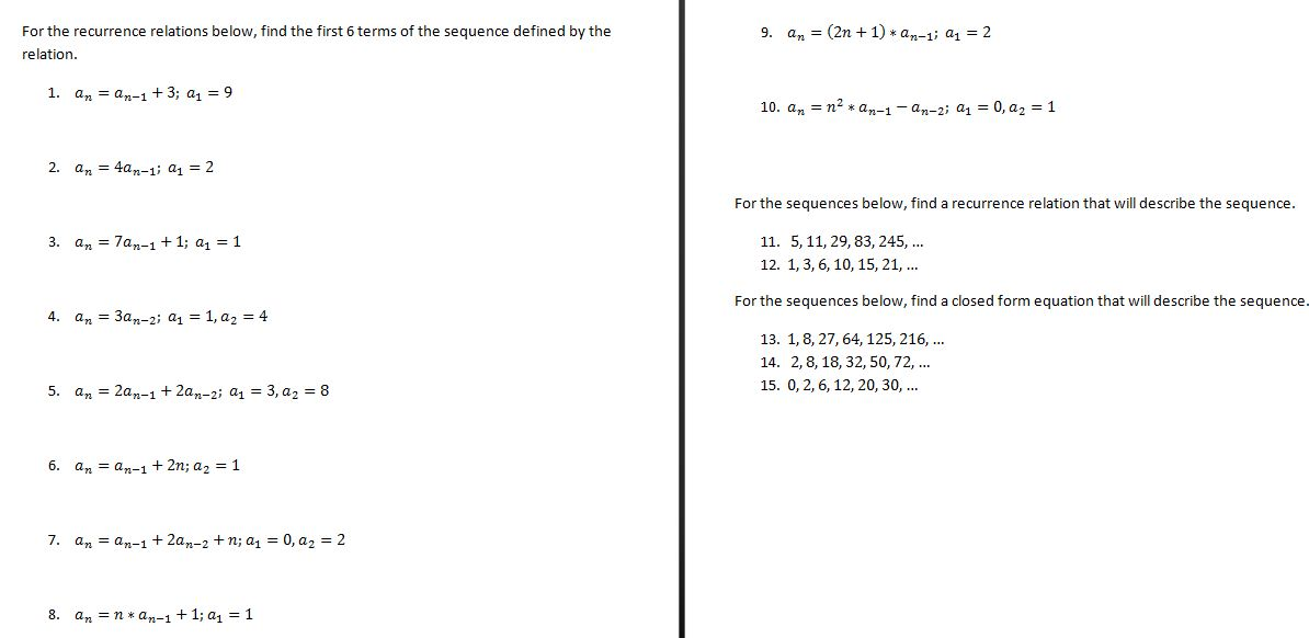 For The Recurrence Relations Below Find The First 6 Chegg 