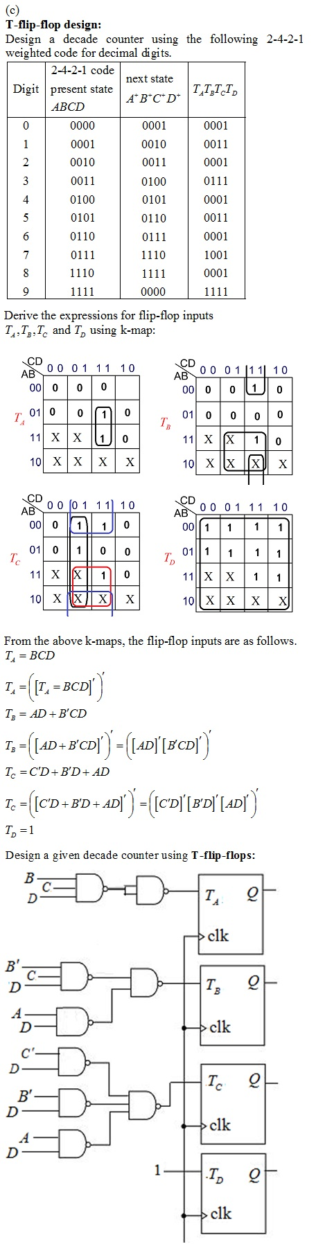 T-flip-flop design: Design a decade counter using the following 2-4-2-1 weighted code for decimal digits. 2-4-2-1 code Digit