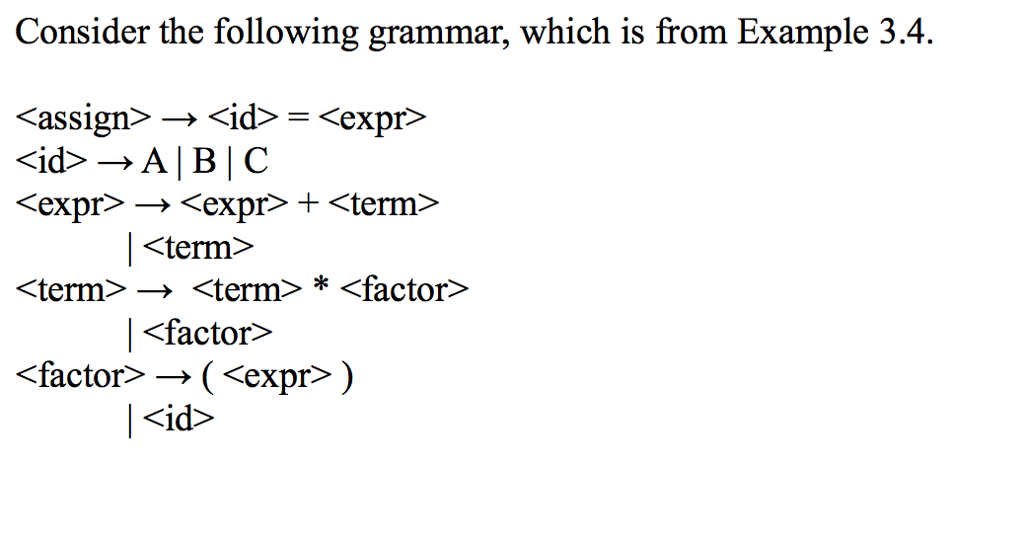 Consider the following grammar, which is from Example 3.4. <assign> → <id>-<expr> <term> <term〉 * 〈factor〉 <factor> <term〉 → <factor> → ( <expr*) <id>