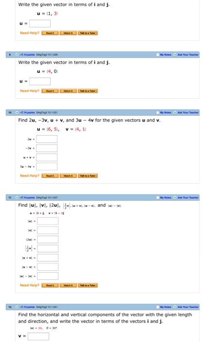 Solved Write The Given Vector In Terms Of I And J U 1 Chegg Com