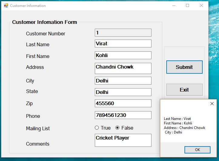 Customer Information Customer Infomation Form Customer Number Last Name First Name Address Virat Kohli Chandni Chowk Submit C