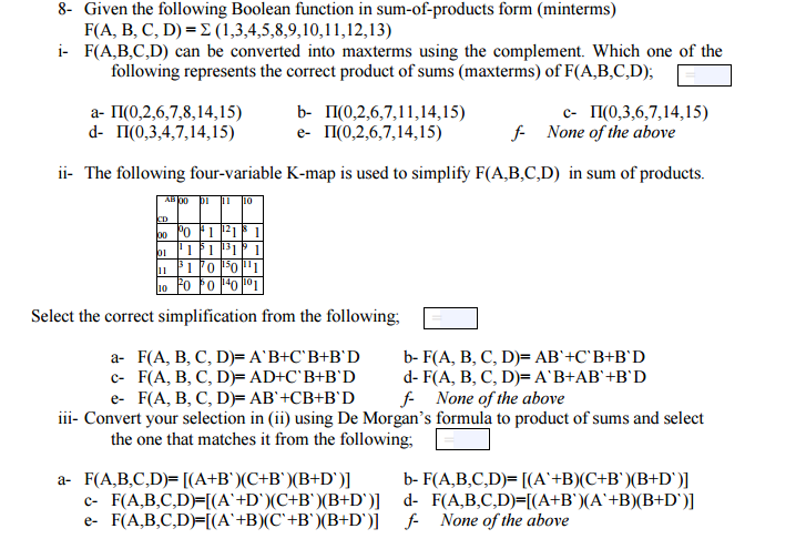 Solved Given The Following Boolean Function In Sum Of Pro Chegg Com