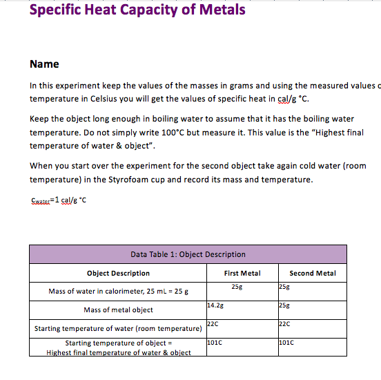 Specific Heat Chart In Cal Gc